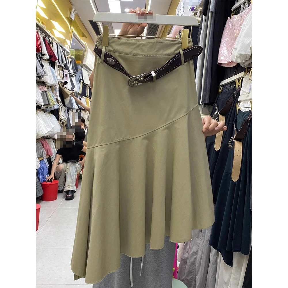 2025年春夏新款美式纯色复古辣妹不规则下摆鱼尾裙拼接半身裙子女