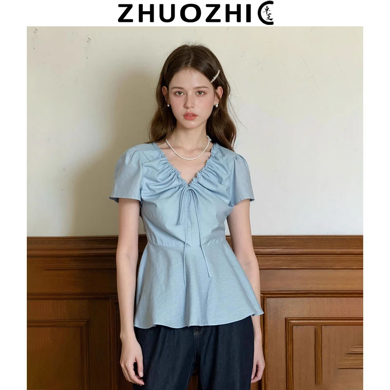 [特价]法式蓝色V领系带短袖T恤2025夏季新款知性风显瘦百搭上衣