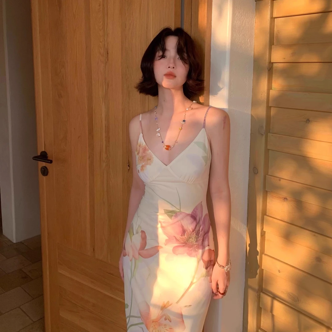 酒午自制法式优雅夏季v领网纱印花连衣裙吊带长裙女KLF4212