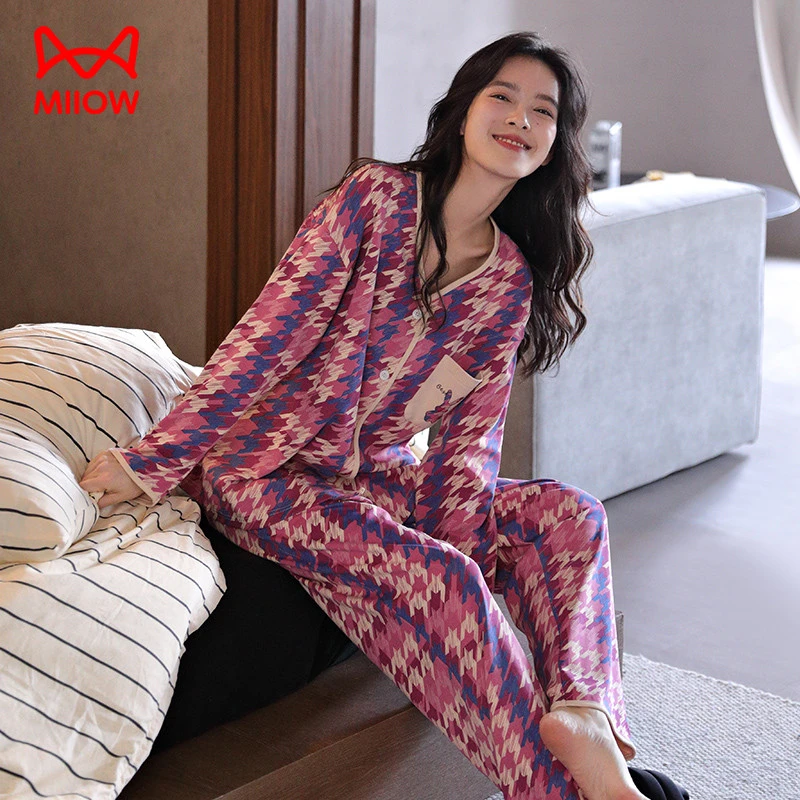 猫人睡衣女春秋季纯棉长袖开衫V领带胸垫秋冬时尚网红家居服24009