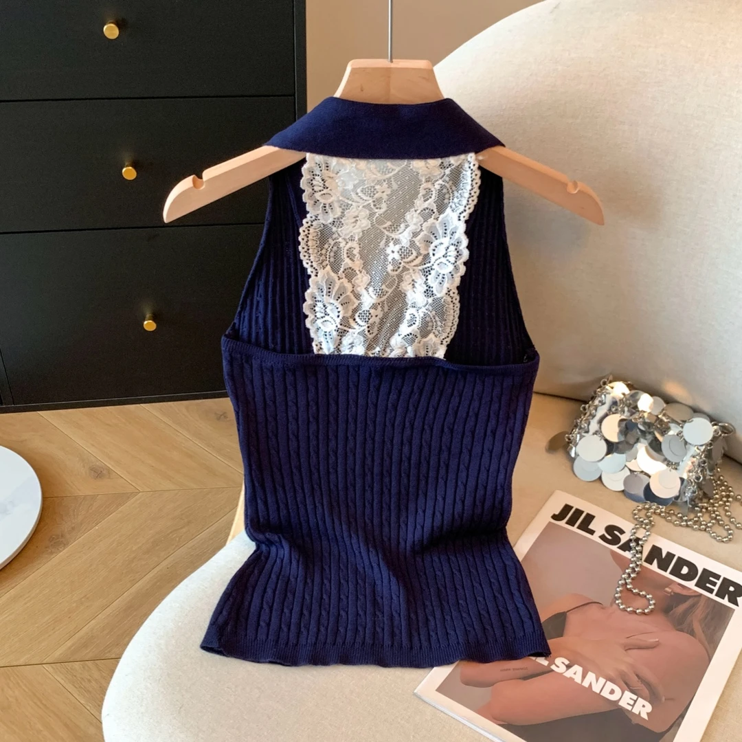 法式气质绑带挂脖针织背心吊带女夏后背蕾丝拼接甜辣泰式chic上衣