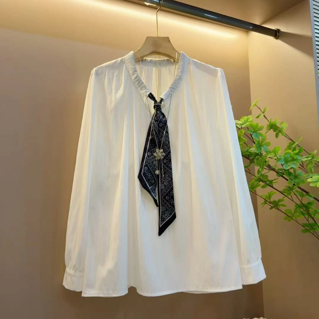简约气质早秋新款百搭系绳领带显瘦长袖宽松上衣（长66左右）