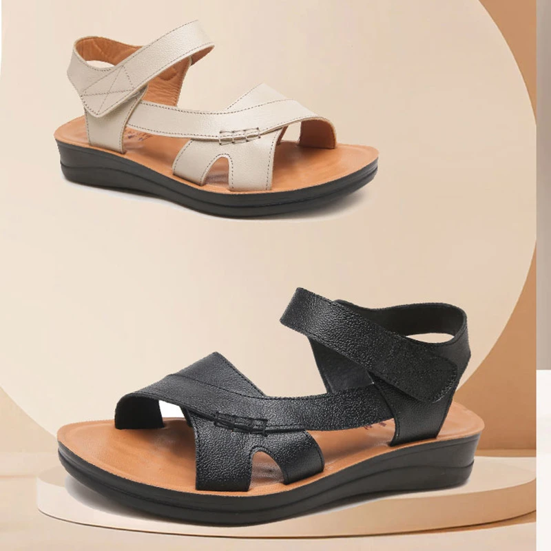 头层牛皮妈妈凉鞋软底真皮拖鞋平底中老年女鞋大码中年舒适老人鞋