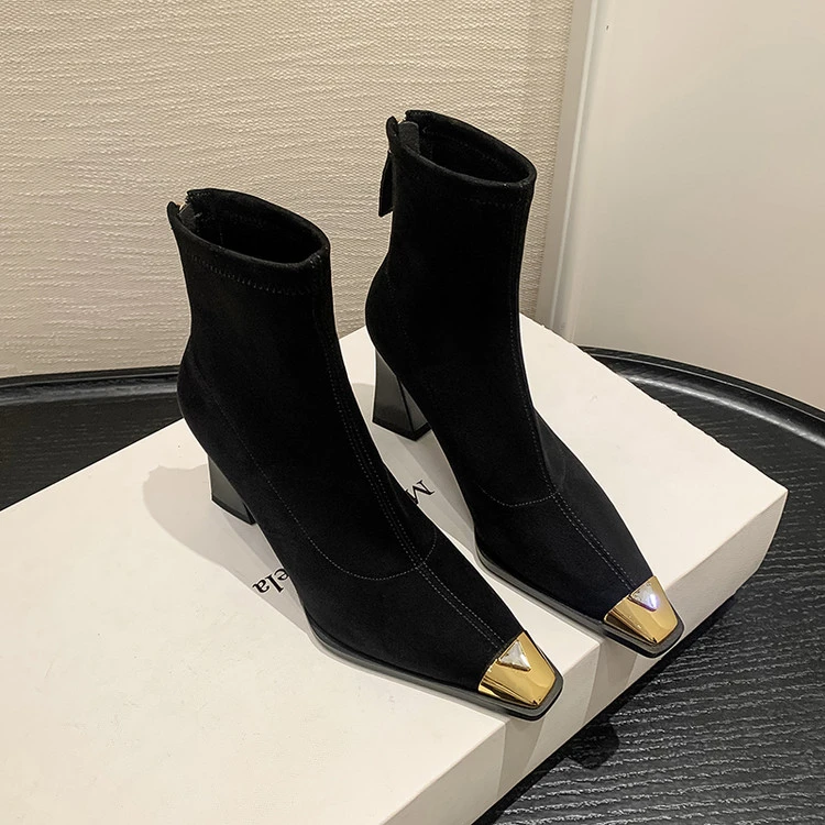 软羊皮~8cm法式拼接气质高跟短靴时尚金属头瘦瘦靴小众设计感裸靴