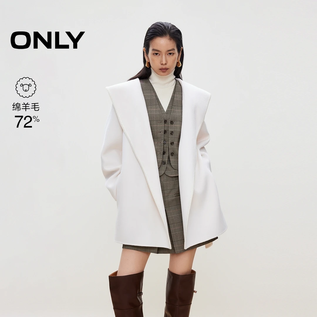 ONLY2025秋季新款双面呢大兜帽设计含绵羊毛呢子大衣女|12536T006