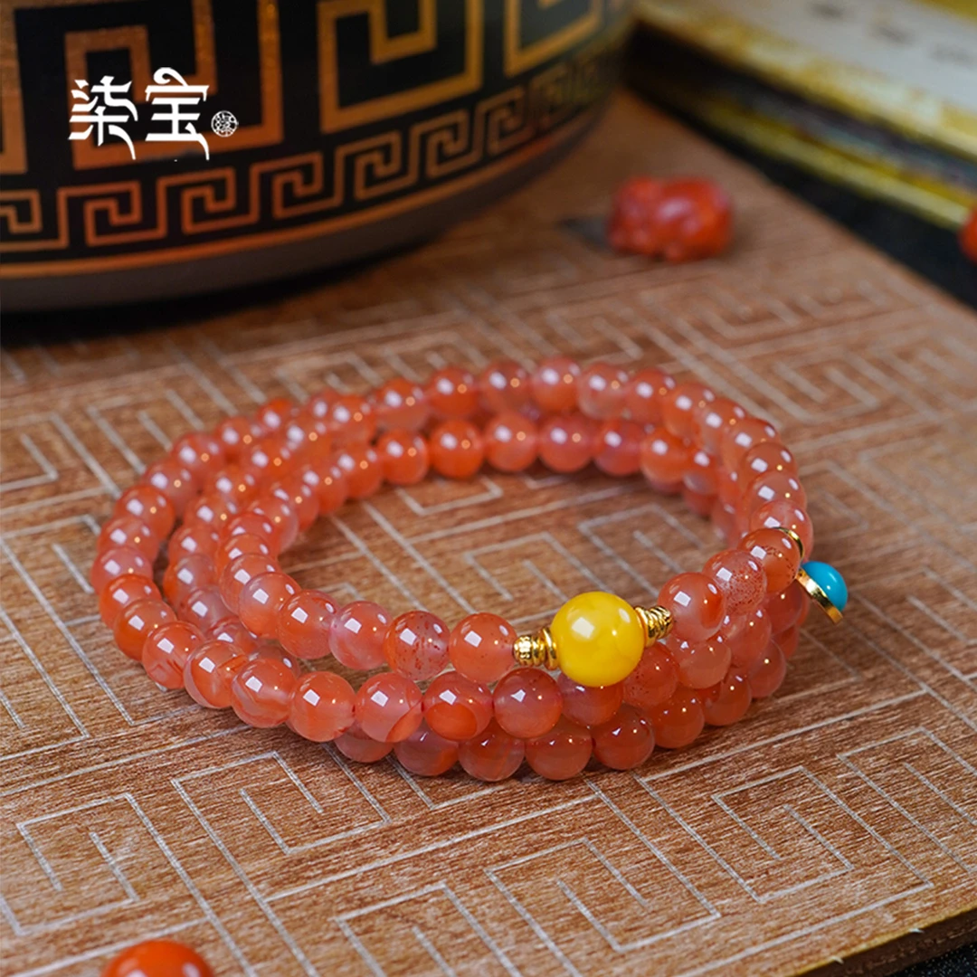 柒宝 南红正品联合乡料冰飘南红 圆形珠多圈手串6mm