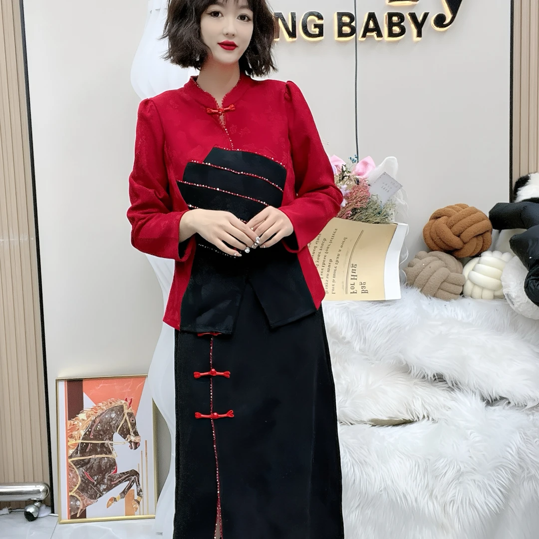 大码(中国风)复古立领重工盘扣收腰中式显瘦通勤套装女冬季新款