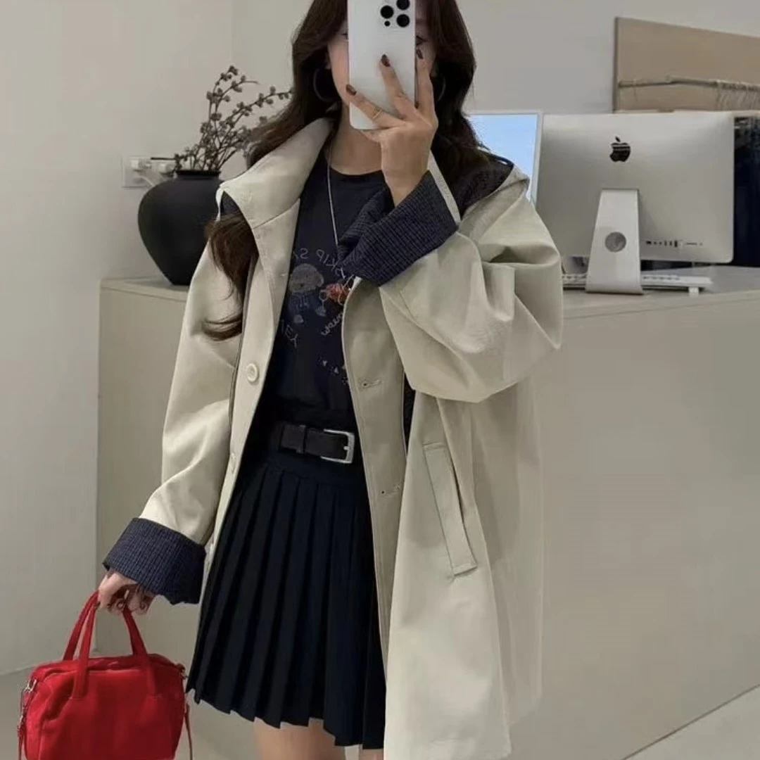 学院风格纹拼接可拆卸帽子女款中长款早秋风衣