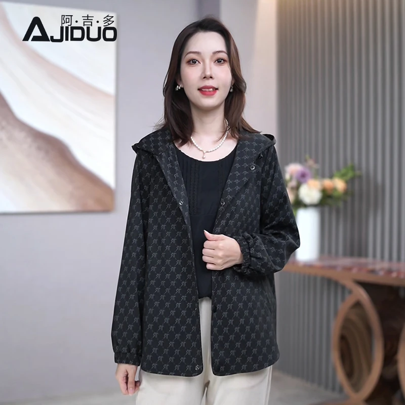 A22616阿吉多连帽长袖外套女春秋新款休闲时尚印花中老年大码上衣
