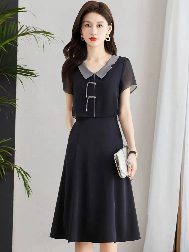 F064 冰丝雪纺娃娃领连衣裙女夏2025新款气质高端假两件