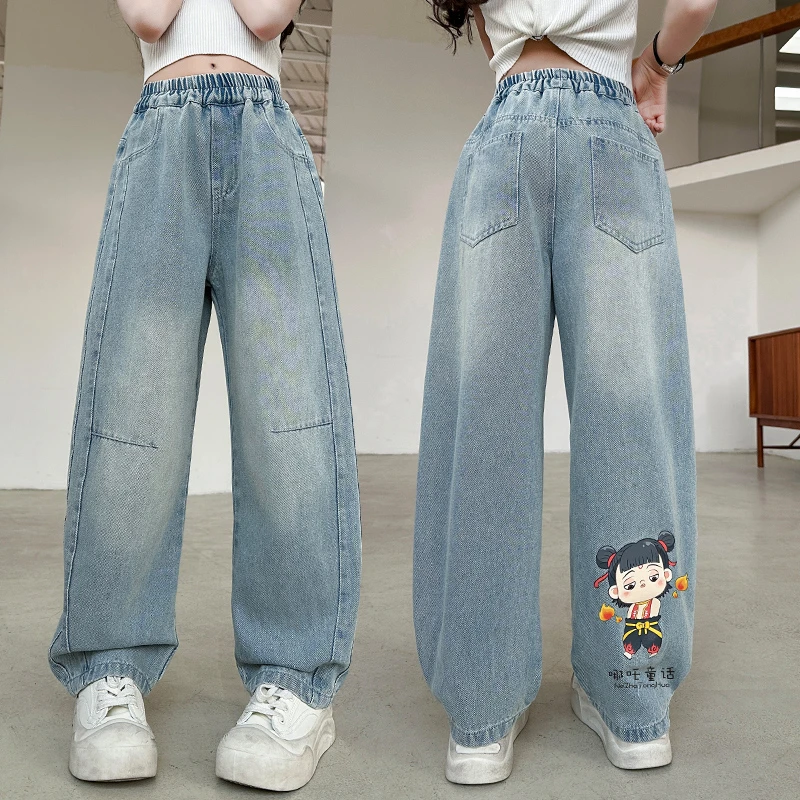 女童裤子哪吒牛仔裤春夏季2025新款中大儿童装宽松弯刀直筒阔腿裤