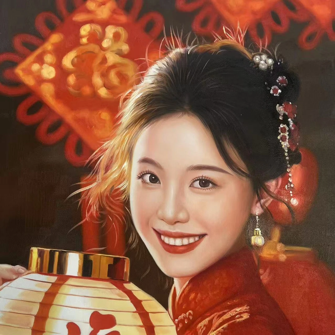 林彦新 ***中国新娘-灯笼-福 -在册 -约60*90厘米-手绘油画-麻布