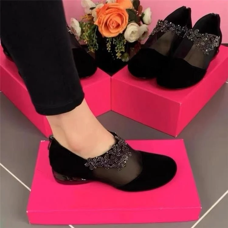 时尚网纱单鞋女2025春季新款低跟镂空透气粗跟水钻磨砂单鞋高跟鞋