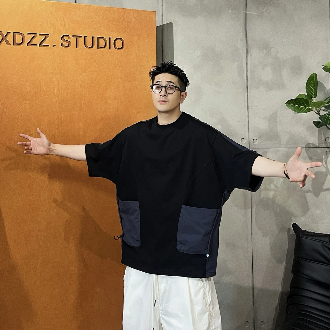 XDZZ二狗25ss双面拼接立体抽绳口袋纯棉宽松蝙蝠袖T恤Y8105