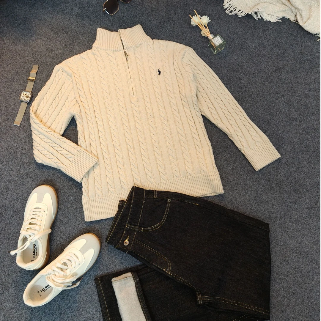 简约百搭麻花重磅包芯纱气质立领老钱骑士刺绣拉链针织衫T恤上衣