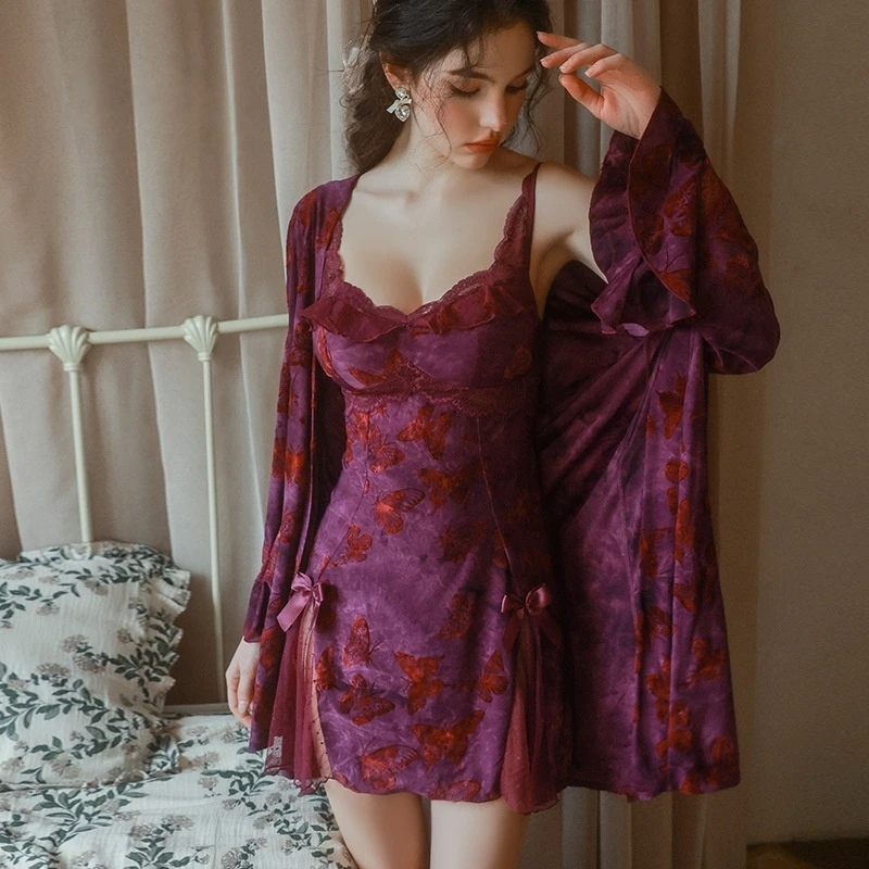 甜美蝴蝶印花火辣露背深V加胸垫睡裙外袍春秋女套装QJ5286睡衣