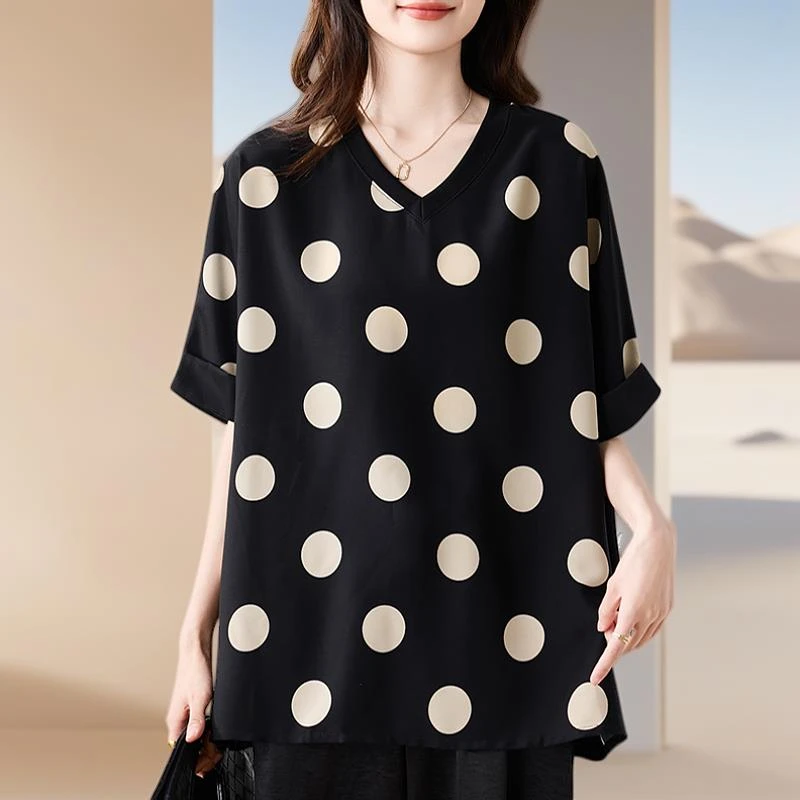 九月陌墨气质波点雪纺衫女2025年夏装新款设计感宽松遮肉大码上衣