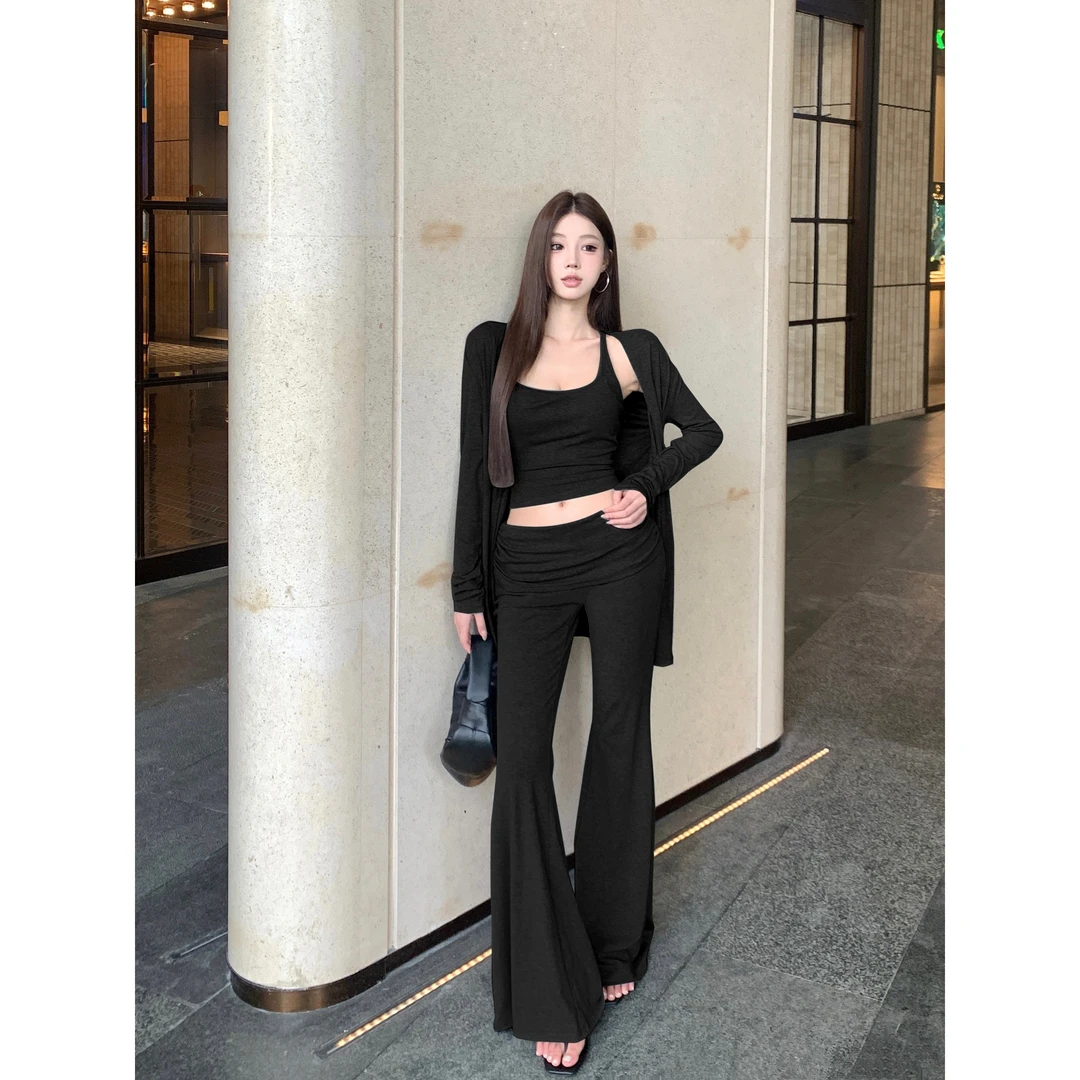 慵懒风长袖针织开衫吊带背心女春季休闲套装微喇叭长裤显瘦三件套