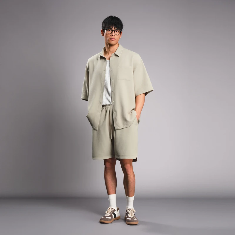 BODYDREAM 男士泡泡皱短袖衬衫肌理感外套宽松休闲短裤/套装