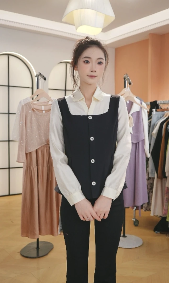 F3029假两件翻领长袖衬衫衬衣女秋季新款时尚洋气修身收腰上衣