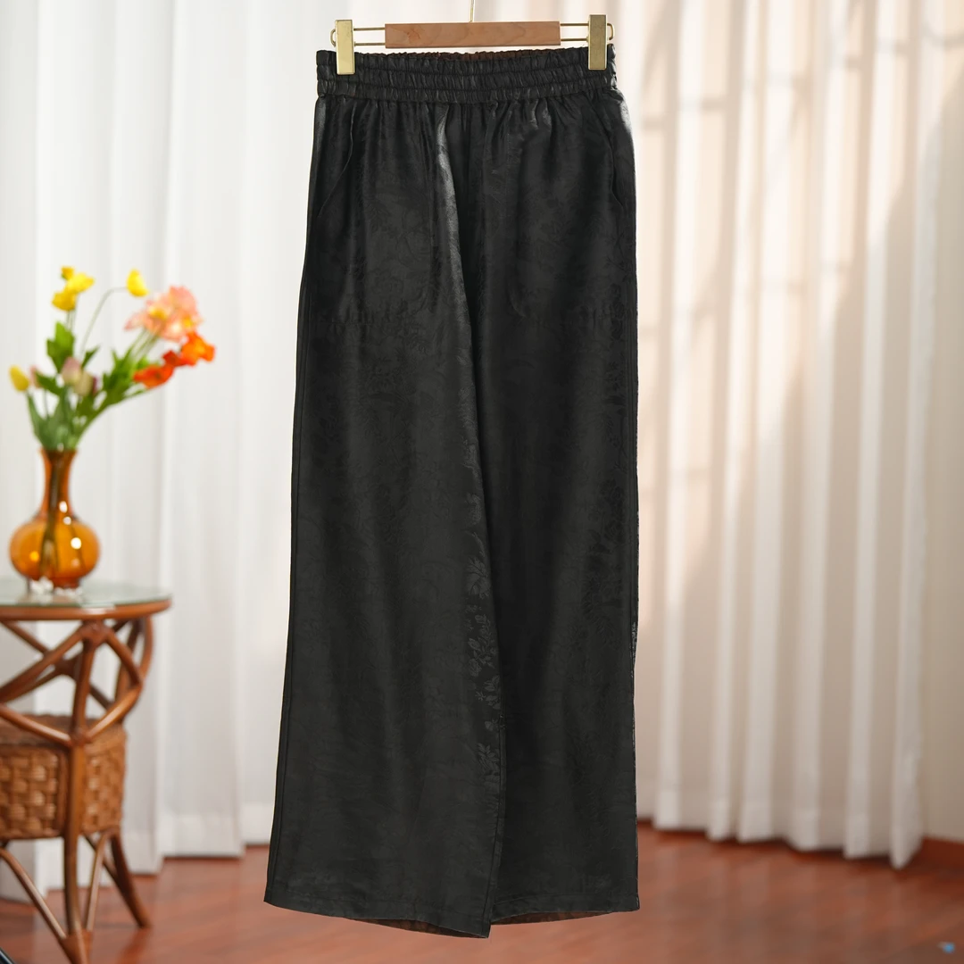 星瑶-250058新中式香云纱桑蚕丝百搭黑色宽松阔腿裤提花复古国风