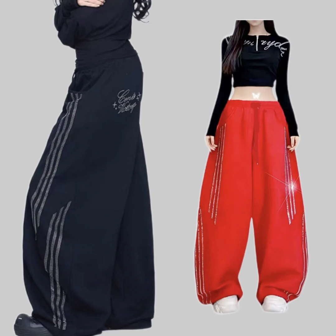 颖丽-广场舞潮牌"亮闪钻石三杠长裤"黑色运动曳舞烫钻弯刀裤-2596