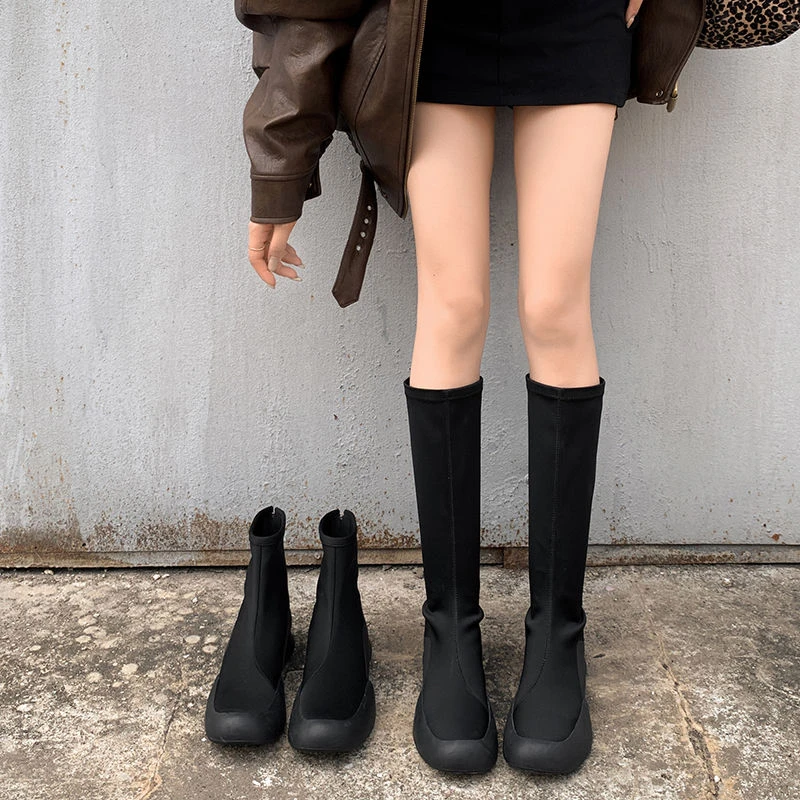 简约时装靴春秋百搭瘦瘦靴小个子增高靴子英伦风厚底中筒网红