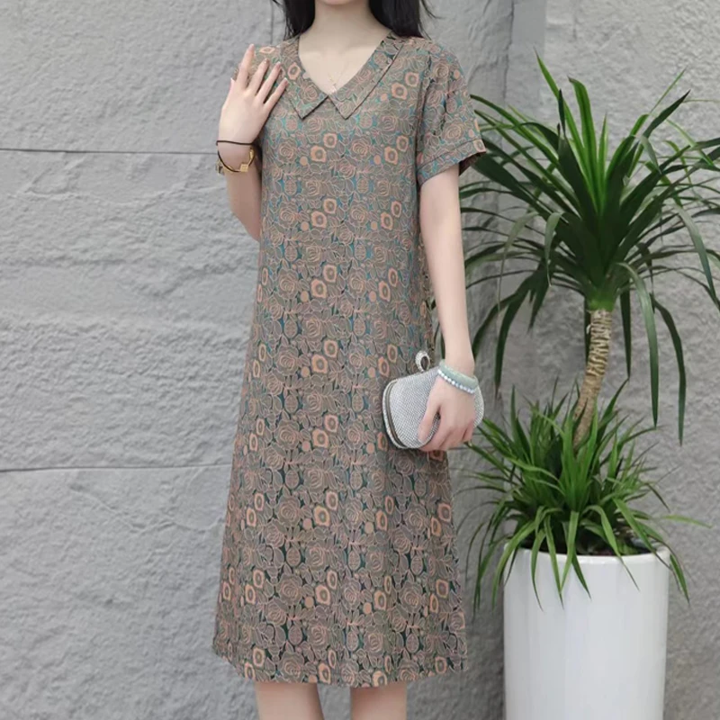 满罗绿色娃娃领  夏季时尚减龄连衣裙百搭遮肉短袖裙子