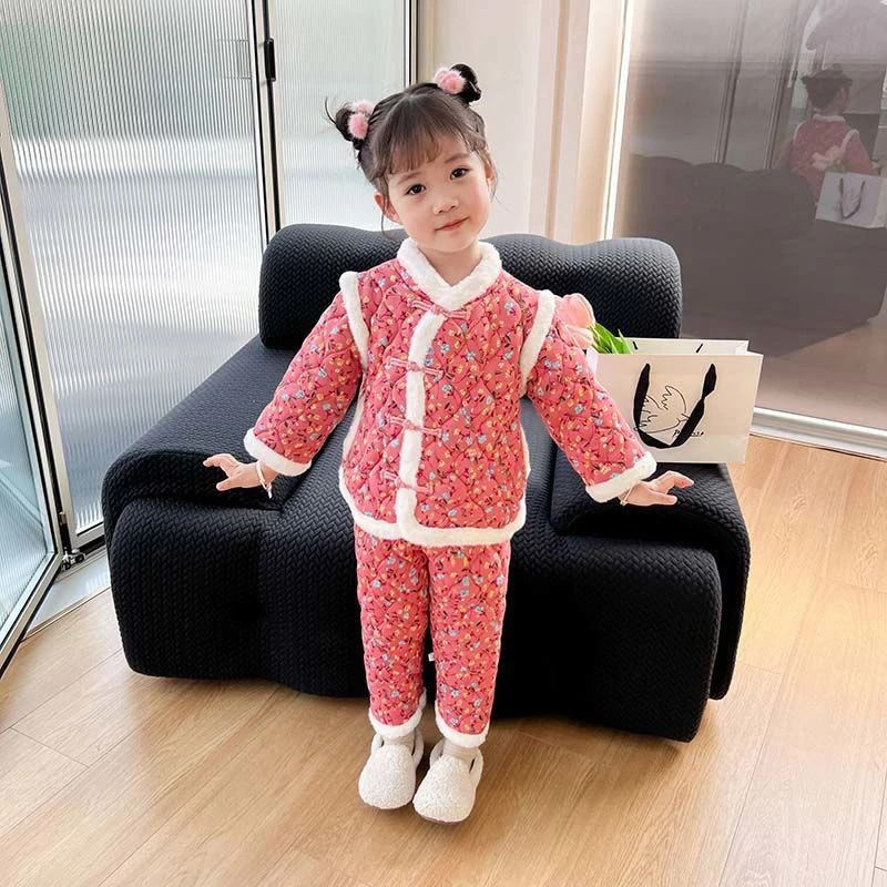 儿童棉衣棉裤东北民族风大花棉袄网红套装男女童冬季加厚拜年棉服