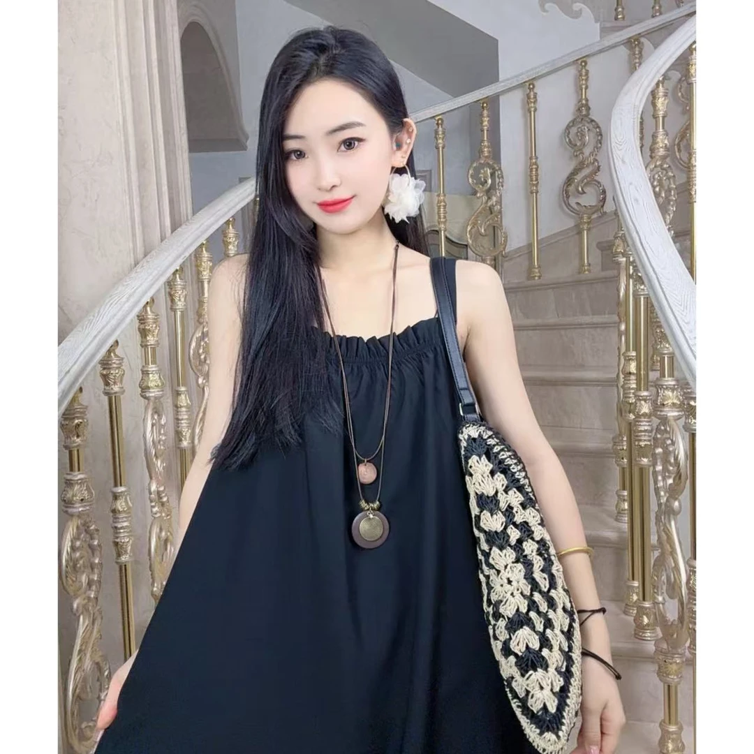 一老板【纯黑色】春夏新款百搭时尚大码连衣裙碎花女装