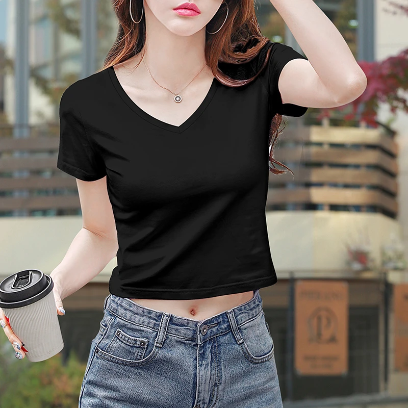 黑色短款v领t恤女夏短袖修身纯棉正肩外穿小个子高腰露脐2025新款