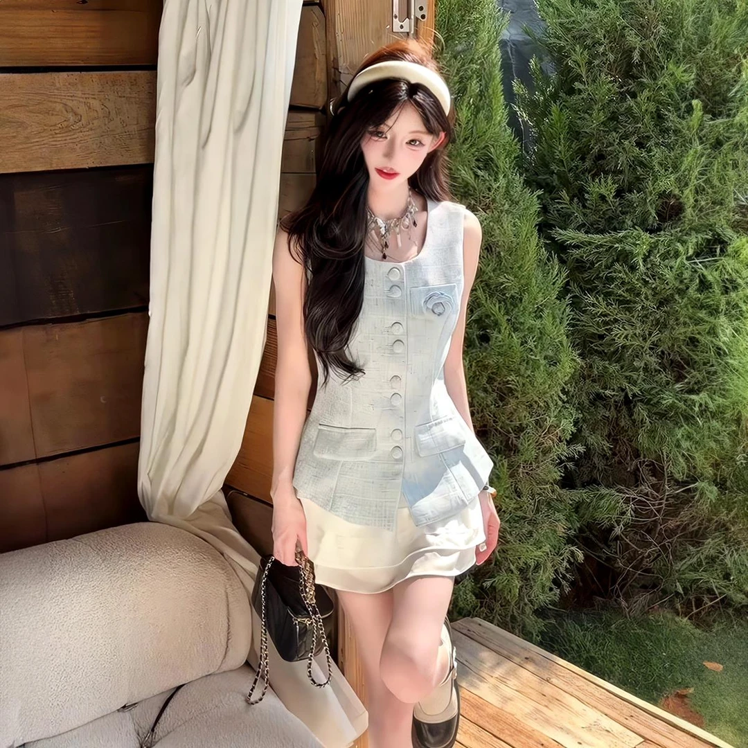 VOCKOO官方法式小香风气质千金感无袖马甲上衣+白色蛋糕裙套装夏