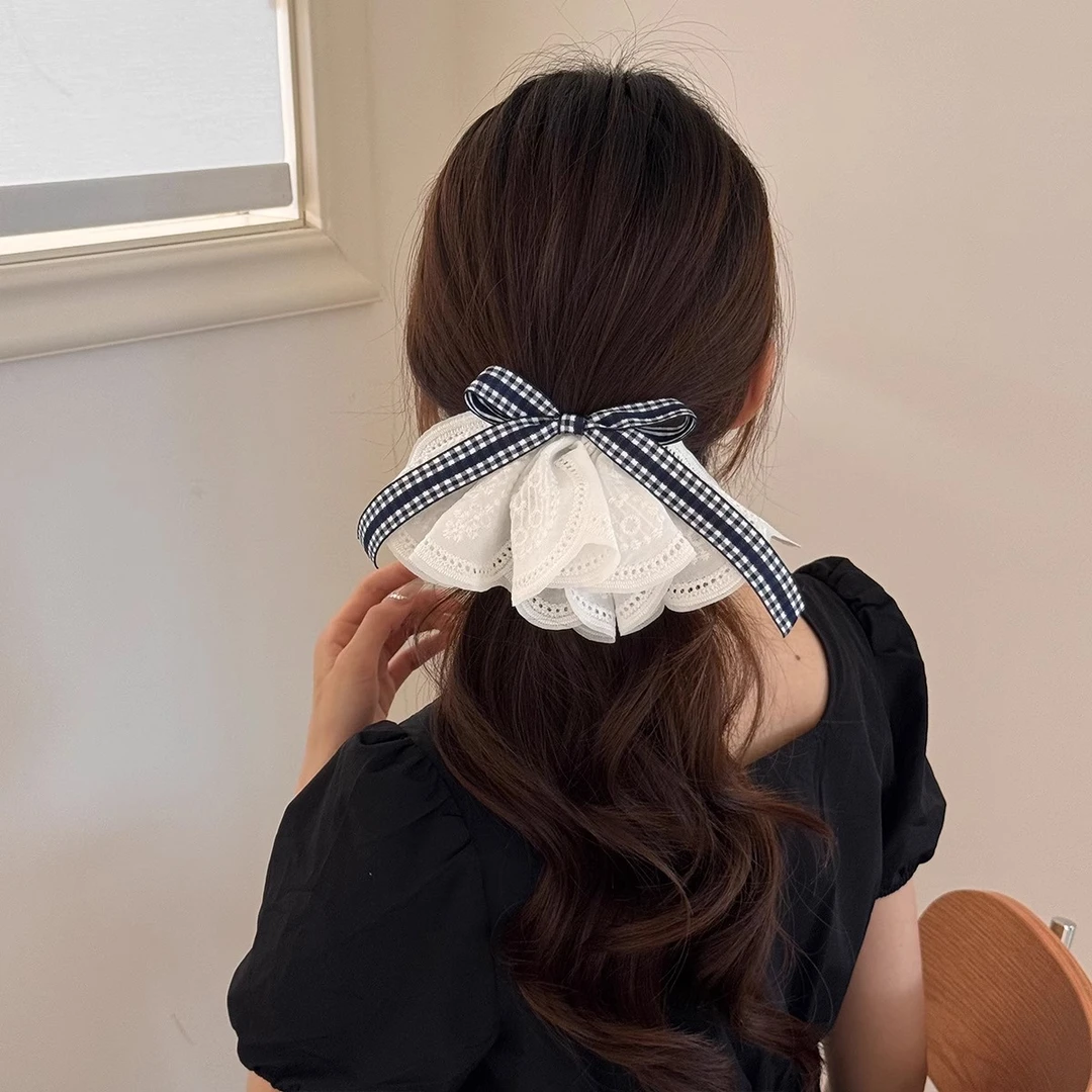 韩国东大门新款格子弹簧夹蝴蝶结女网红甜美少女发夹顶夹气质发卡