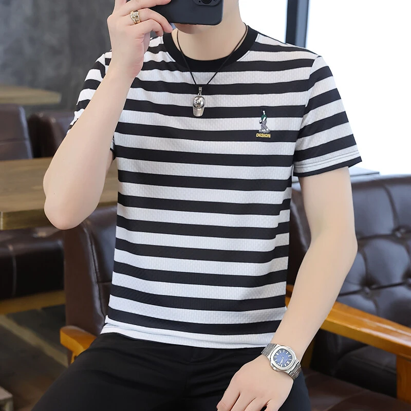 【高品质】夏季冰丝刺绣T恤凉感透气男士条纹印花时尚短袖XQ5077-A