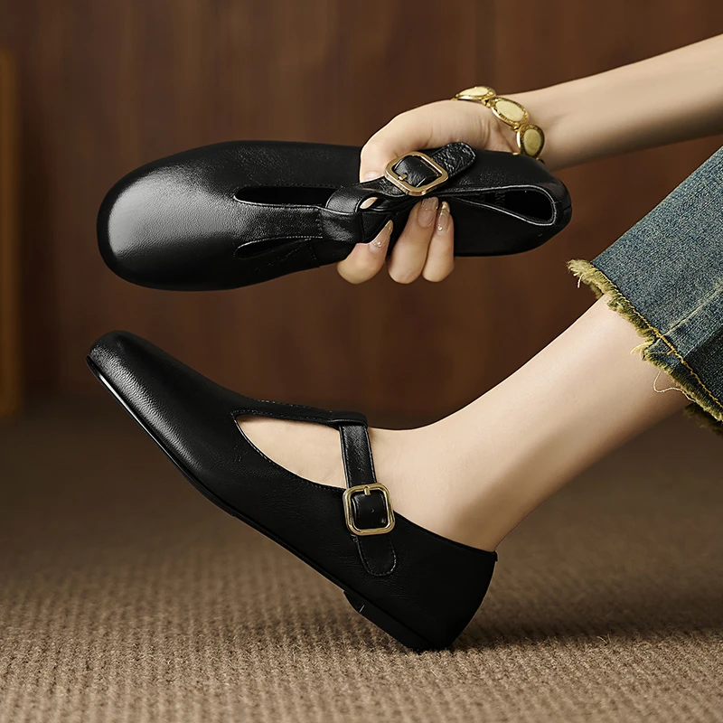 炒鸡软绵羊皮/1厘米跟高/圆头气质T扣单鞋不累脚里外真皮女鞋104