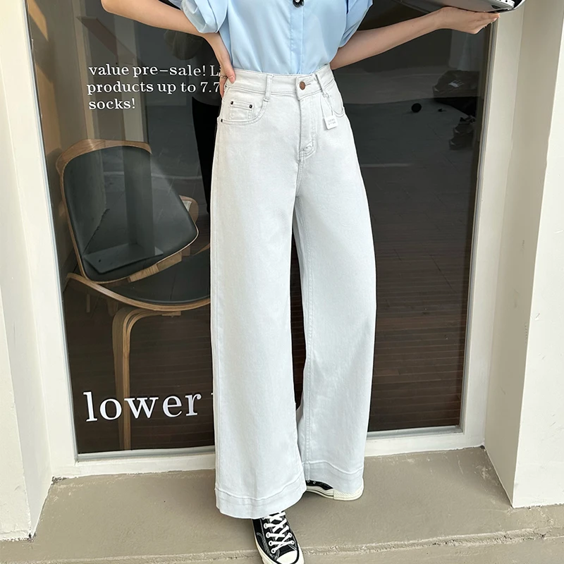 2025春夏季白色牛仔裤女高腰弹力小个子阔腿裤宽松直筒休闲奶奶裤