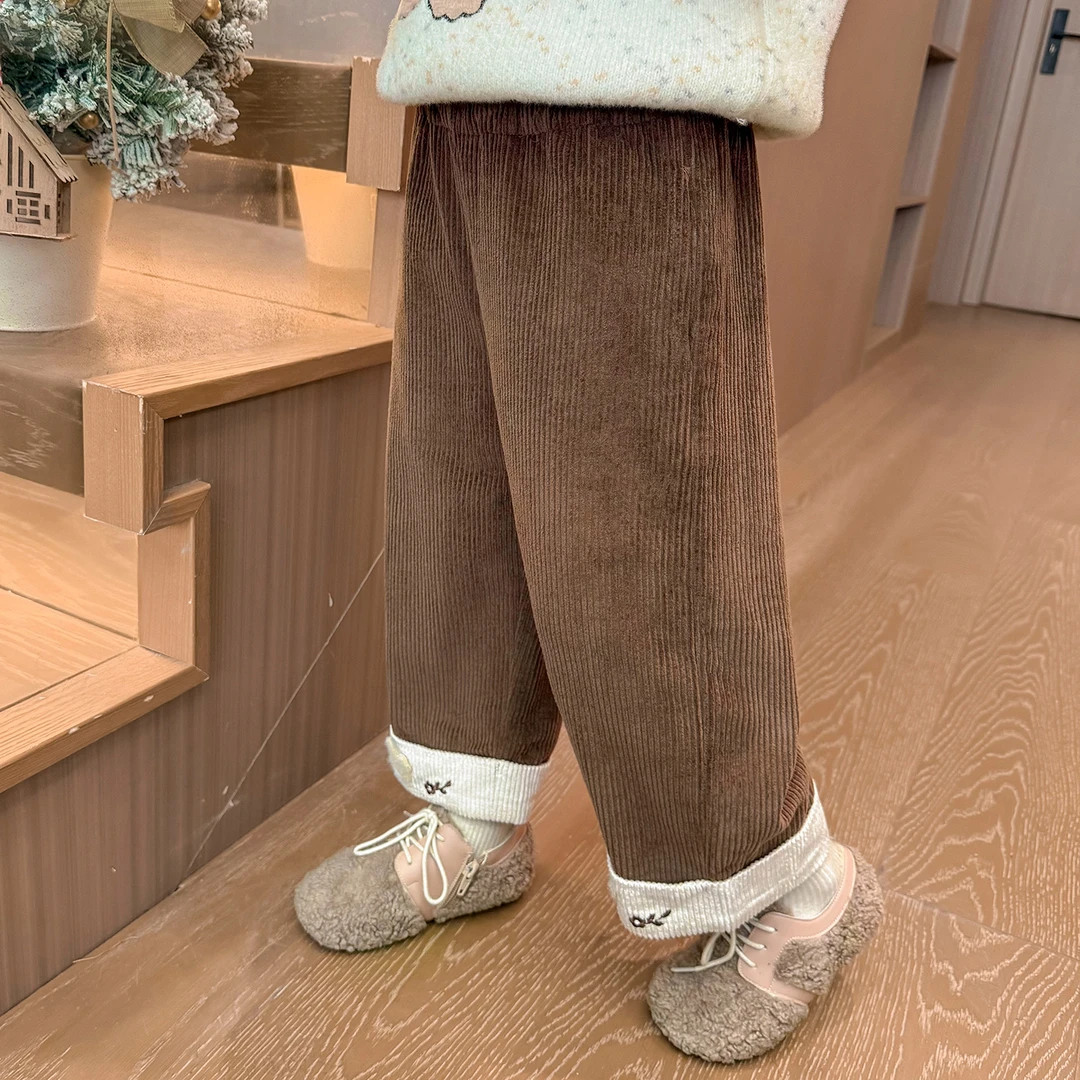 女童秋冬季加绒裤子女童冬款外穿脚口绣花小熊加厚一体绒休闲裤潮