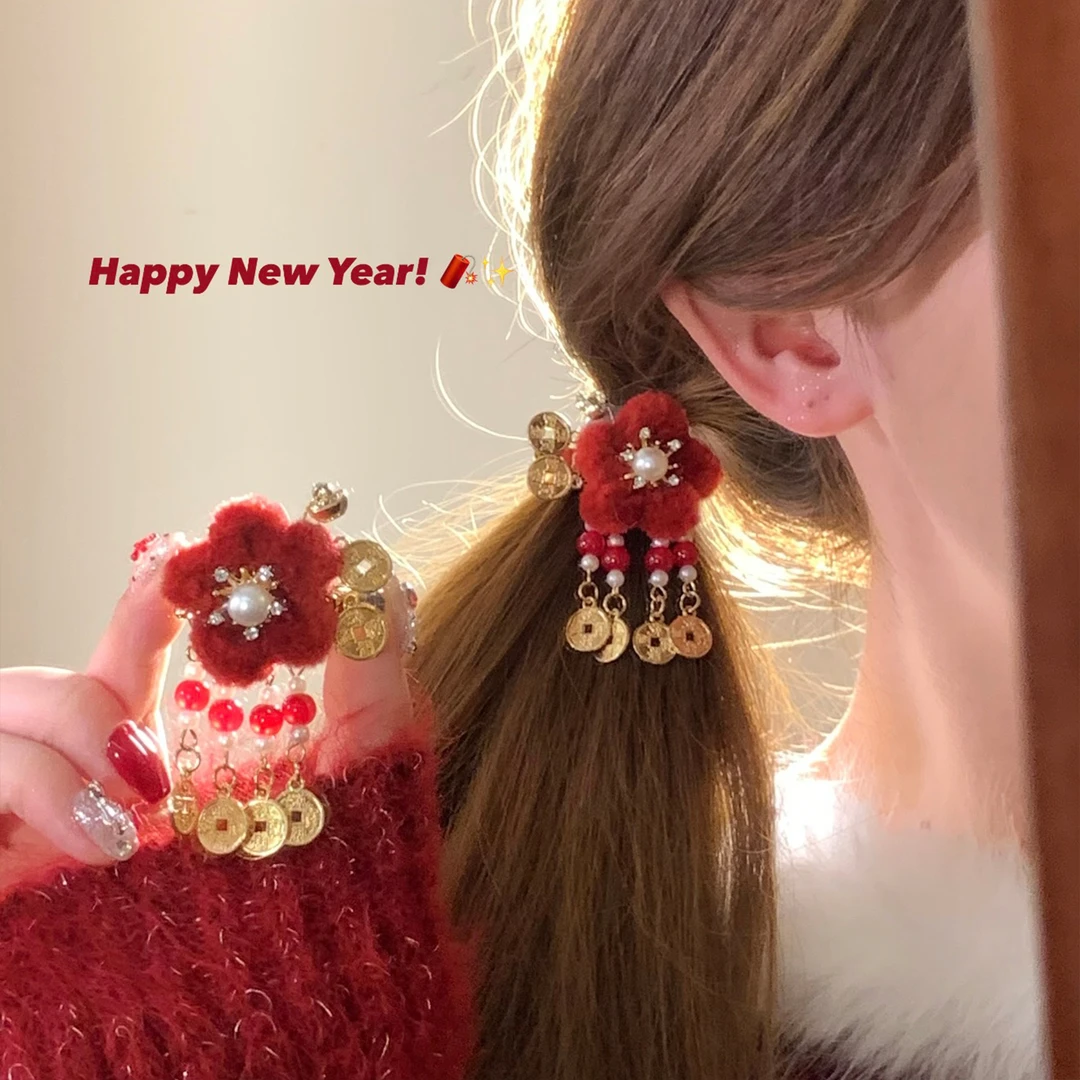 新年发饰有米花珍珠毛绒红色花朵金币发夹女新中式侧边夹发卡头饰