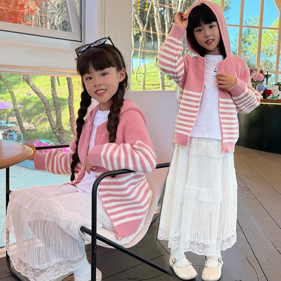 女童中大童秋冬条纹开衫毛衣2025新款甜美休闲长袖外套针织衫上衣