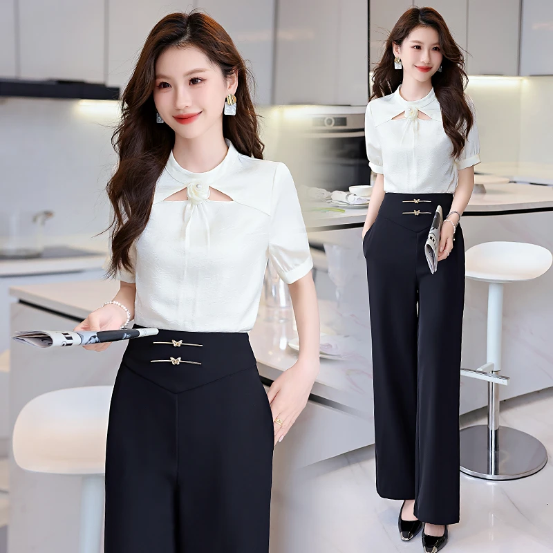 极简风轻职风时尚套装减龄夏季高腰短袖衬衫套装夏装气质雪纺衫