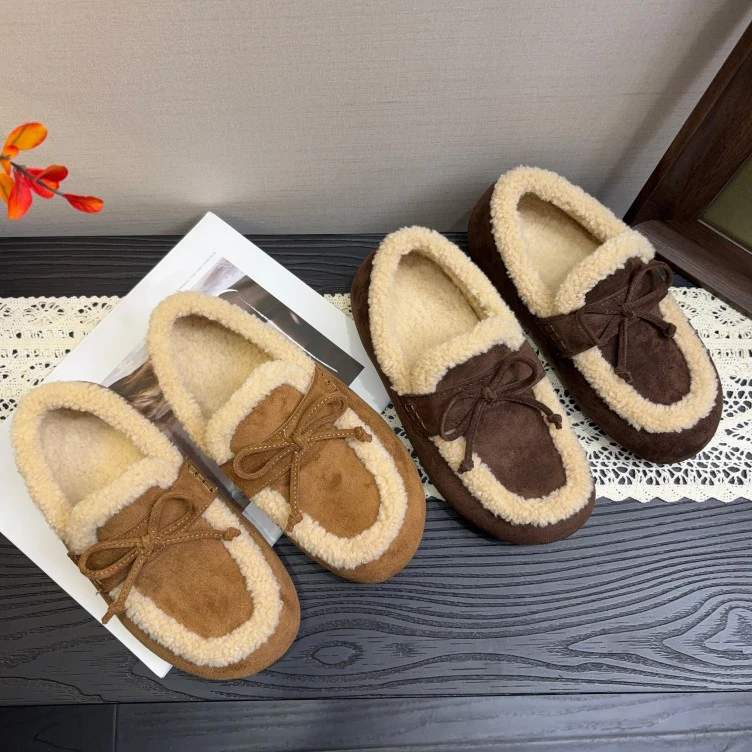 加绒加厚复古厚底勃肯棉鞋女2025新款蝴蝶结防滑外穿保暖毛毛鞋子