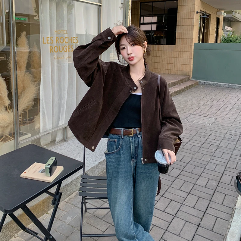 又a又飒美拉德麂皮绒短外套女2025春秋新款韩系气质休闲复古夹克