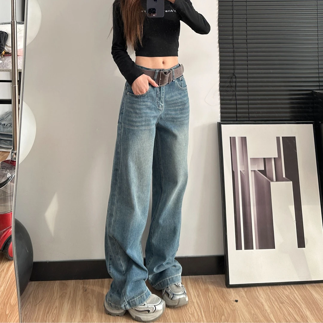 153小个子设计感新款直筒牛仔裤女中腰显瘦垂感拖地阔腿裤5012