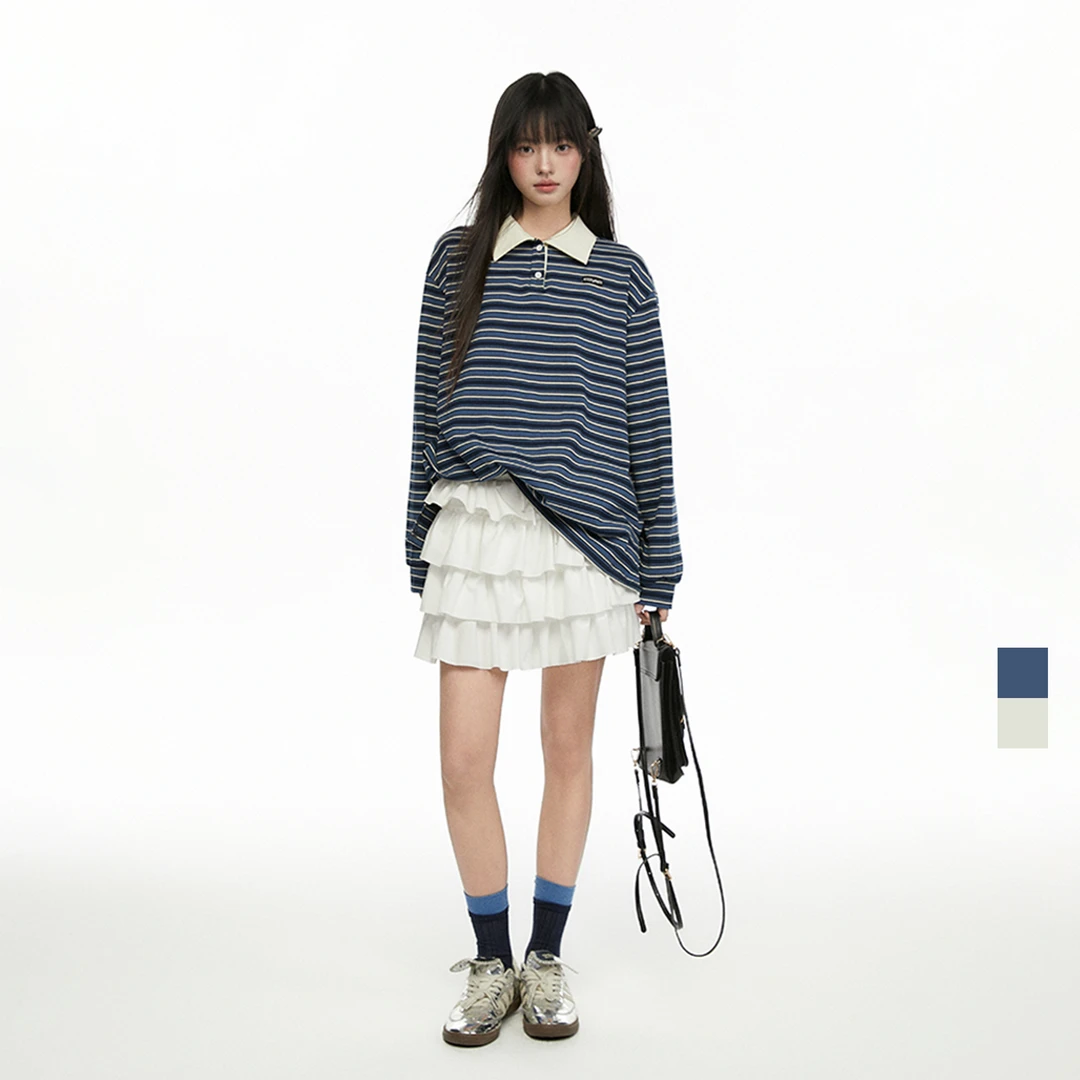 CyNi 复古美式休闲运动翻领宽松显瘦设计感条纹撞色polo衬衫T恤女