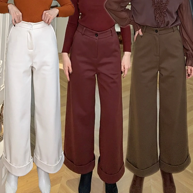 九分毛呢阔腿裤女冬季2025秋冬新款高腰窄版加厚休闲裤女显瘦
