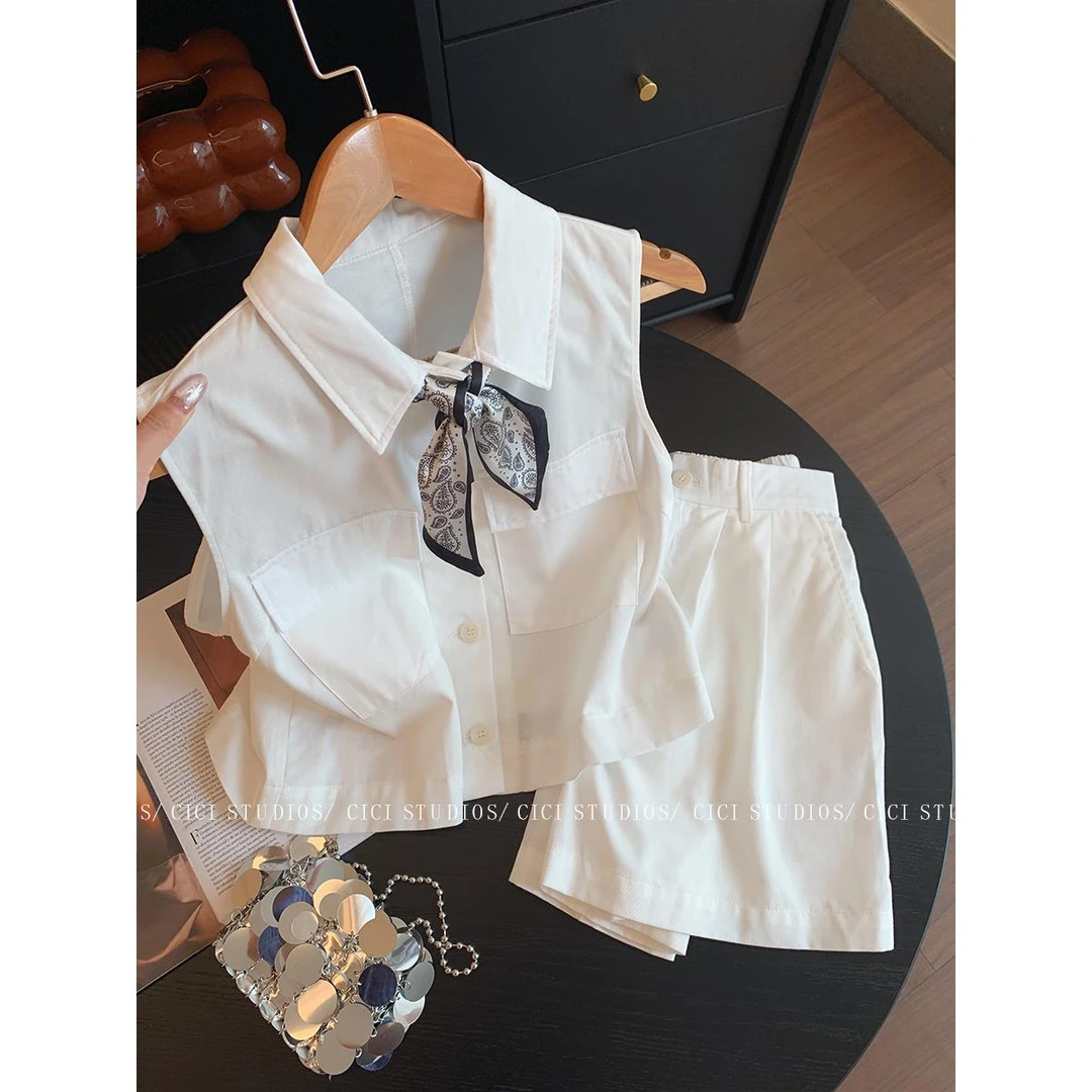 老钱风白色亚麻背心套装男夏季休闲简约高腰短裤两件套300斤大码