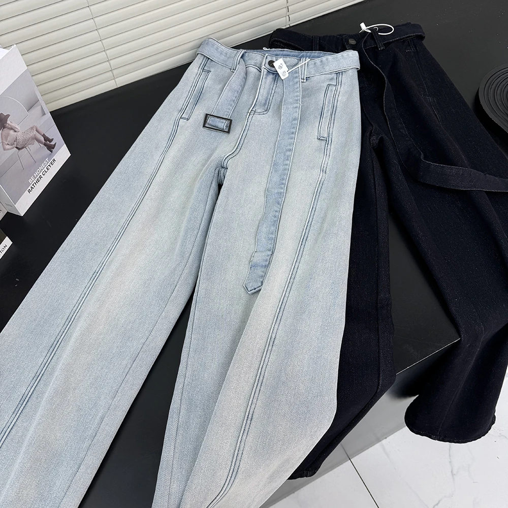 秋冬新款韩版百搭显瘦垂感高腰气质加绒加厚牛仔直筒长裤女13086