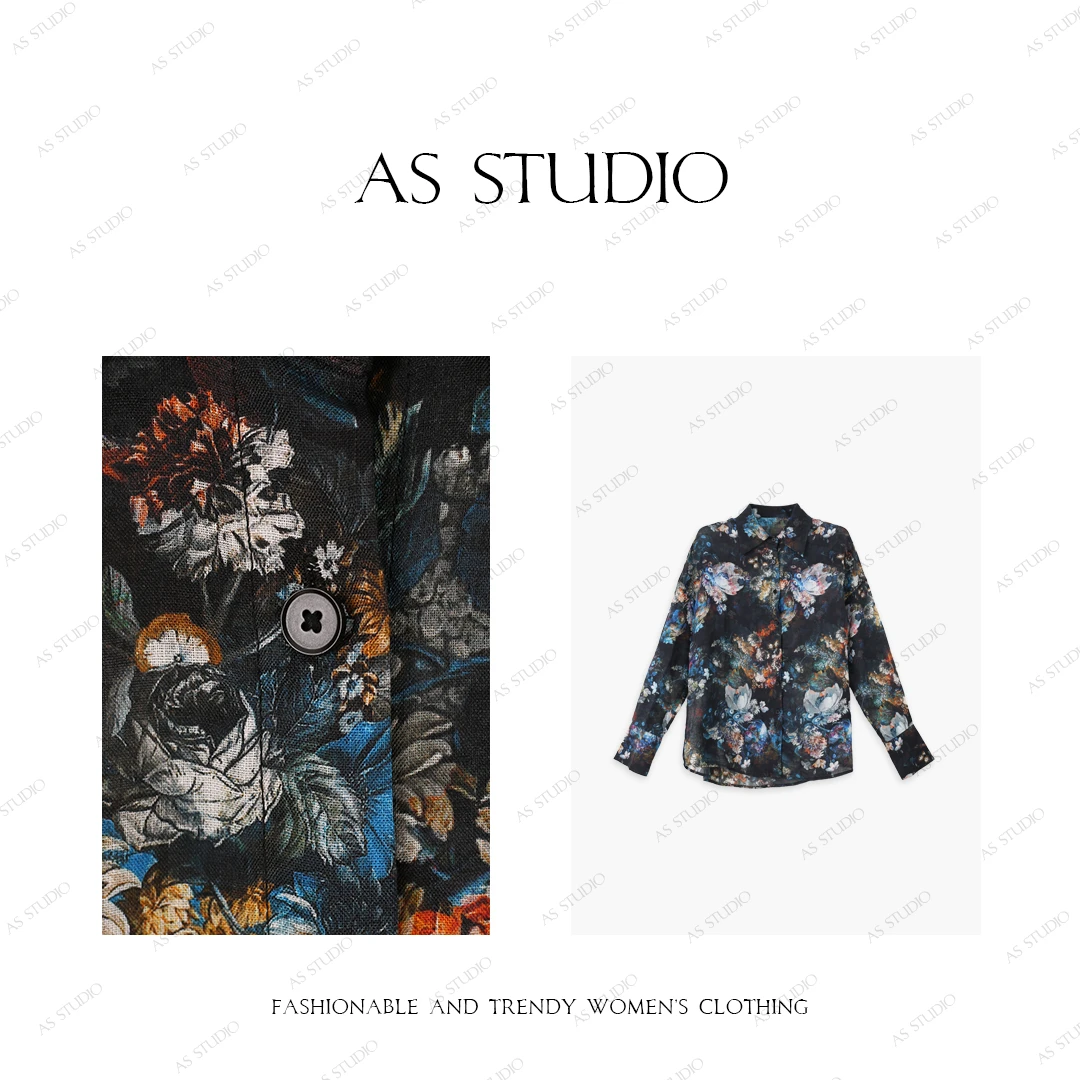 【AS绘卷】25新时尚优雅翻领重工拼色印花口袋百搭衬衫AS25XCS01264