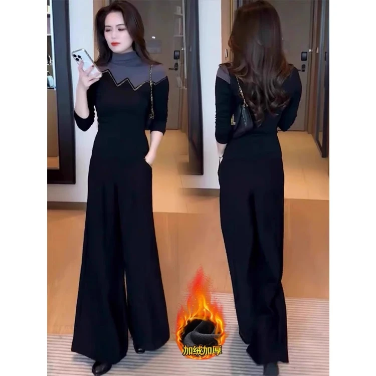 拉夏贝尔加绒时尚洋气套装女2025秋冬新款保暖打底衫阔腿裤两件套