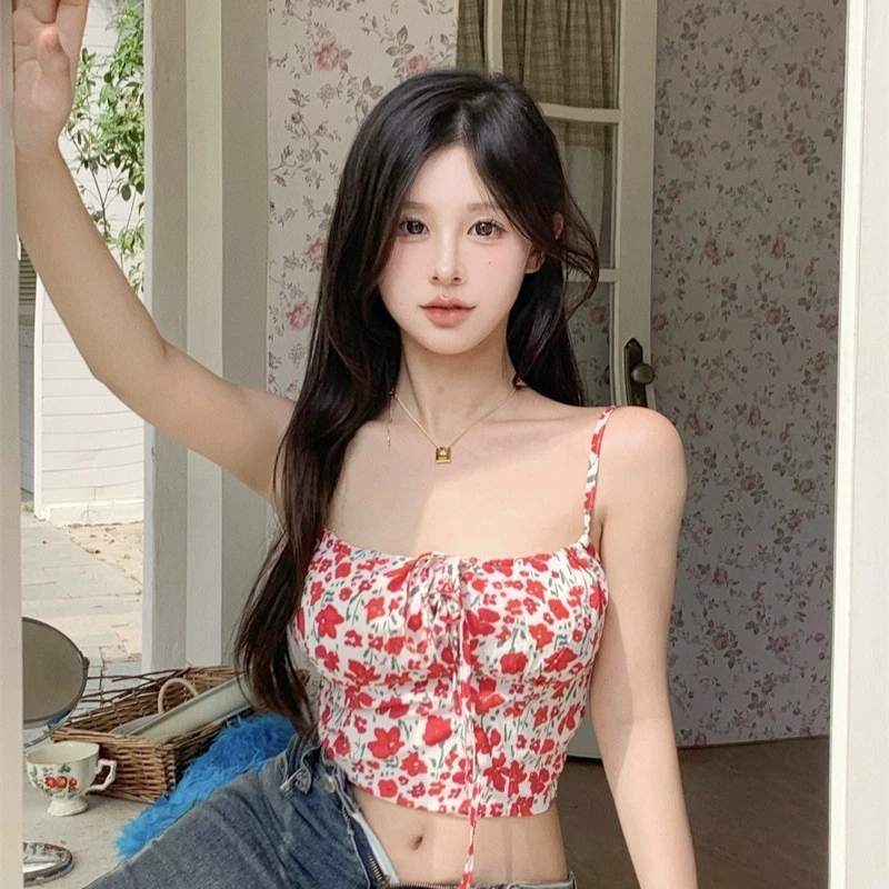 甜辣妹小碎花吊带背心女纯欲绑带法式度假风短款红色上衣美背8809
